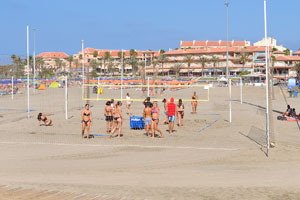 Beach volleyball is conducted on Playa de Las Vistas beach