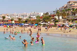 Playa de Las Vistas beach is a large golden sandy beach with lifeguard and watersport activities
