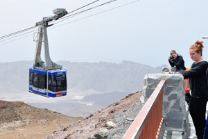 People photograph the Teide National Park landscape from the observation deck located at Teide Cable Car upper station