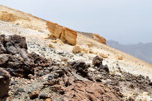 Yellow-whitish sulphur deposits cover the slope of Mount Teide