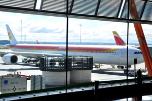 An Iberia (IATA: IB) aircraft is parked in Madrid-Barajas Airport (IATA: MAD)