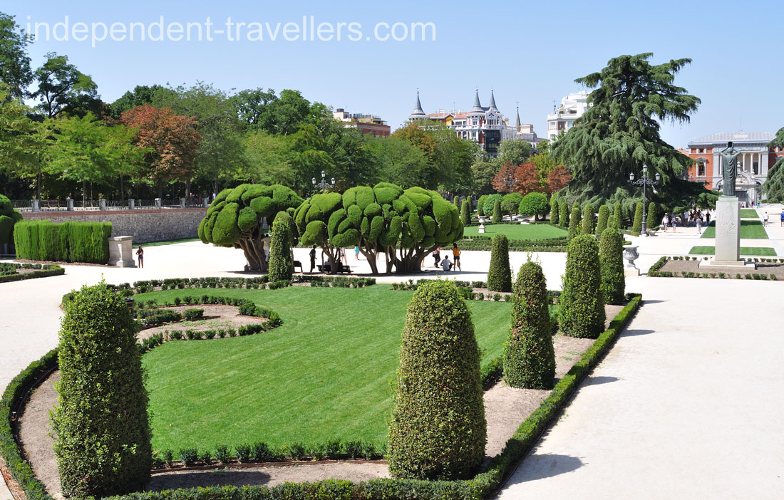 Neatly pruned trees of round shapes grow in Plaza Parterre square