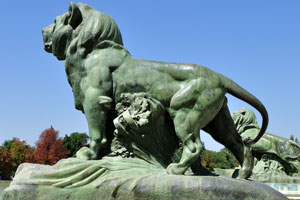 A magnificent lion statue has a green color