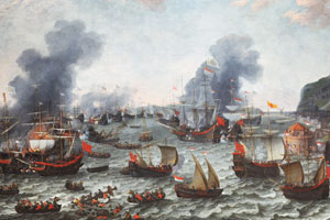 “The Battle of Gibraltar (April 25, 1607)” by Adam Willaerts and “The Naval Battle of Palermo (June 2, 1676)” by Pierre Puget, both are oil on canvas