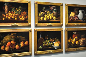 “Still life with limes, a box of jelly, butterfly and recipients” by Luis Egidio Meléndez is located at the middle of the upper row