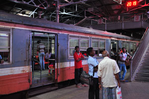 Night train stopped at Fort railway station to unload and load passengers 