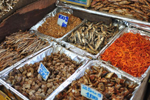Dried prawns are available at FOSE fruit & vegetable market