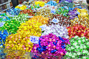 Colourful candies are on sale in a shop on Main street