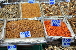 Dried fish and prawns are available at FOSE fruit & vegetable market