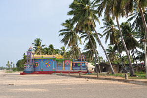 The Hindu temple is on the beach