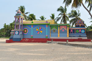 The Hindu temple on the beach is very colorful