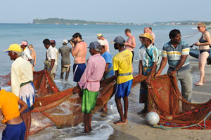 Tourists are attentively watching the process of fishing
