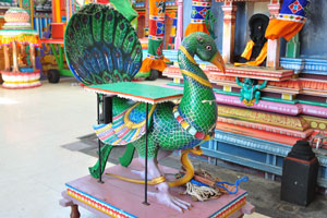 A peacock statue is inside the temple