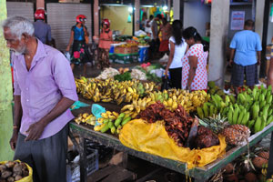 Different species of bananas are at the fruit and vegetable market