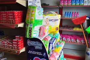 Baby diapers are for sale in Co-op City shopping complex