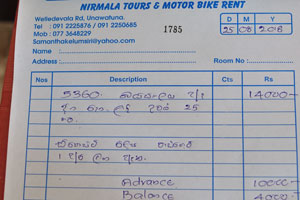 Nirmala Tours & Motor Bike Rent receipt