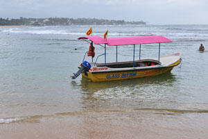 A motorboat is docked at the beach