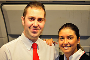 Flight attendants from the Iberia (IB) airline are on the flight from Moscow to Madrid