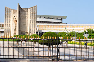 The Independence monument is surrounded by the black gold iron fence