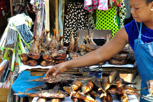 A female vendor sells smoked fish at Grand Market