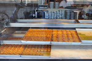 Confectionery products are in the shop window of Akdeniz Dondurma dessert shop