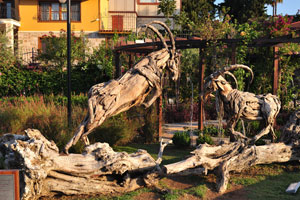 Wooden wild chamoises of Kecili Park look fabulous at the sunset time