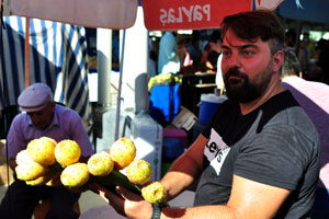A male vendor selling fruits of yellow opuntia