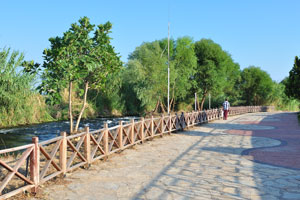 The fenced paved footpath is immersed in the lush and verdant scenery of the Düden River