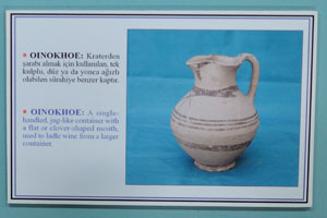 Oinokhoe is a single handled, jug-like container with a flat or clover-shaped mouth, used to ladle wine from a larger container