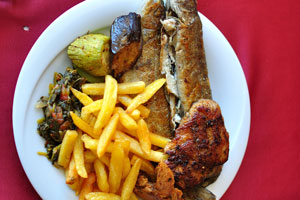 Fried fish and potato chips are available in the Sultan restaurant