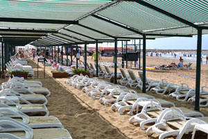 The rows of sun loungers which are closest to the sea