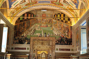 The richly painted ceiling is in the Vatican Apostolic Library