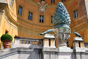 The colossal bronze pine cone was cast in the 1st or 2nd century by Publius Cincius Salvius who left his name on the base