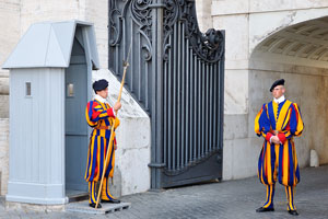 Swiss Guards are at the post of St. Peter's Basilica