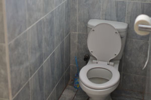 The toilet is inside the bathroom of a chalet in Caravan Park Chalets & Campsite