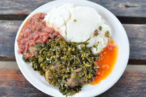 Sadza is served with beans, meat, veg and sauce